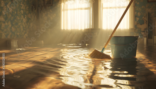Prepare to clean the flooded room with a mop and bucket. The sunlight from the windows illuminates the water pooling on the floor, which requires immediate attention for repair and restoration.
