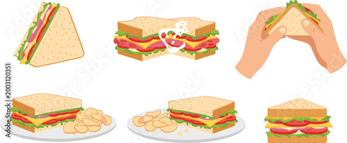 Foto Delicious Veggie and Meat Sandwich with Chips, Handheld, and Sliced for Food, Lu