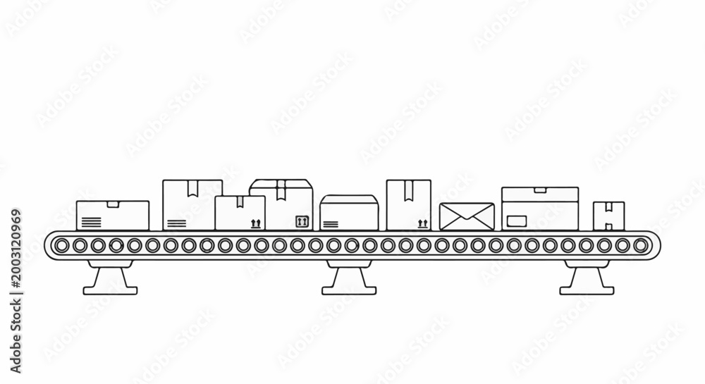 Naklejka premium Warehouse conveyor belt transporting boxes, envelopes and packages