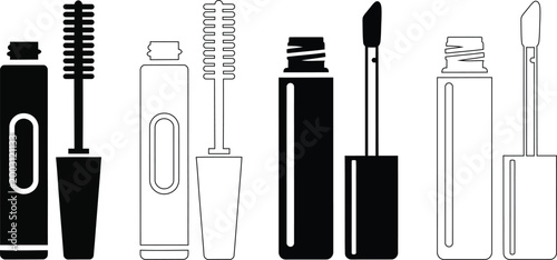 Black and white illustration of various mascara tubes and applicators