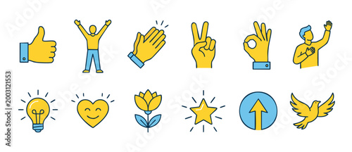 Positive Symbols Set, Hand Gestures and Achievement Icons representing success, joy, and growth. Colorful vector illustration set for business communication, social media, and UI design elements colle