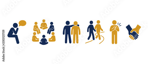 Mental Health Support Icon Set - Therapy and Counseling Concepts for Corporate Wellness and Human Connection Programs, Showing Empathy, Community, Guidance, Mindfulness and Cooperation in Professional