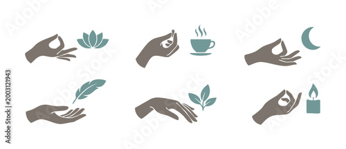 Hands gestures meditation icons set with zen symbols including lotus, coffee, moon, feather, leaves, and candle. Minimalist flat design vector illustrations for wellness, holistic therapy, and yoga li