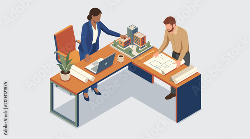 A dynamic workspace scene shows professionals collaborating on architectural planning, showcasing teamwork, creativity, and modern business dynamics in an office setting.