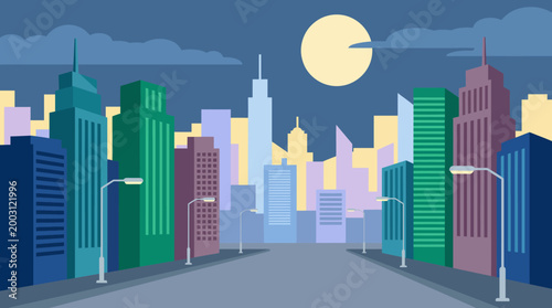 A striking city skyline illuminated by the moonlight, showcasing modern architecture and urban landscapes that reflect the vibrancy of city life at night.