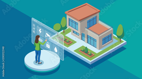 A modern isometric illustration of a smart home, featuring interactive technology elements that demonstrate control over home utilities and enhance living convenience.