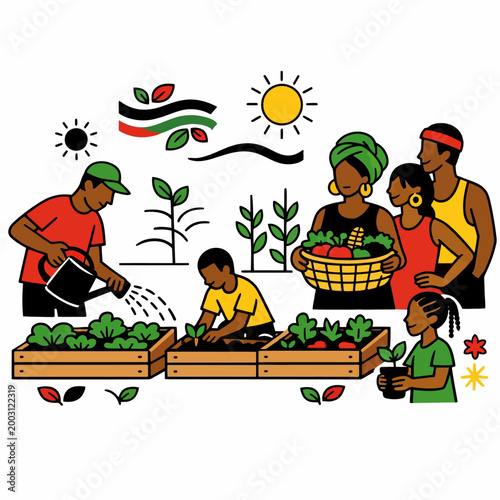 Family tending community garden with crops of vegetables and plants