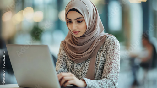 A young, modern Muslim woman wearing a hijab works on a laptop in a coworking space or office, typing on a laptop keyboard, looking at the screen. Businesswoman, computer, programmer, manager.