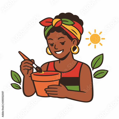 Woman paints a flower pot outdoor under the sun with plants