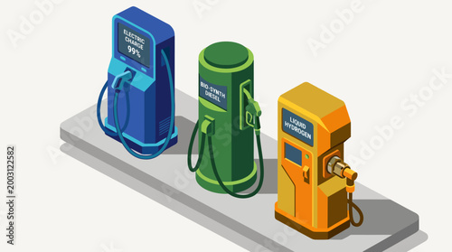 This image showcases three futuristic fuel stations for electric, bio-diesel, and liquid hydrogen vehicles, illustrating modern advancements in sustainable fuel options.