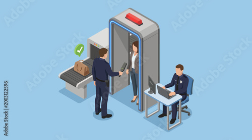 This detailed digital illustration of an airport security checkpoint depicts the process of security checks, ensuring safety and efficiency in modern travel experiences.