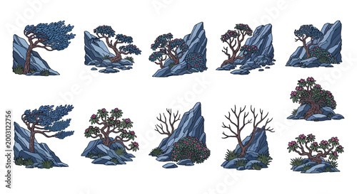 Illustration featuring ten variations of stylized trees shrubs and jagged rock formations in a clean handdrawn art style
