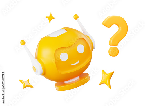3d yellow robot with question and stars icon. AI virtual assistant. Stock vector illustration on isolated background.