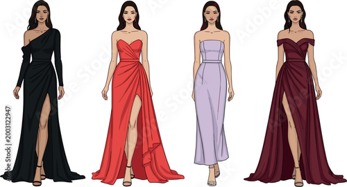 Elegant Fashion Dresses Vector Set with Four Stylish Gowns in Different Colors and Designs for Formal and Evening Wear Illustrations