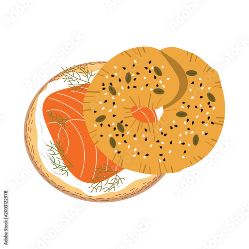 Flat vector illustration of a bagel sandwich with smoked salmon, cream cheese, and herbs. Topped with seeds and isolated on a light background, ideal for breakfast, cafe menu, and food design projects