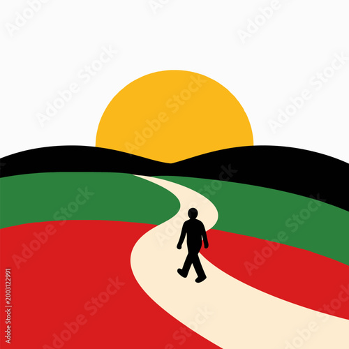 Silhouette man on a path towards the sun in a vibrant landscape