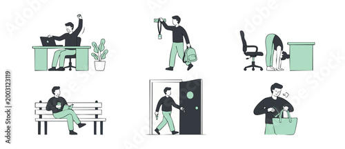 Office People Routine Icons Set, Daily Business Activities and Workplace Habits Collection, Minimalist Vector Illustration of Employees Working, Stretching, Commuting and Resting in Professional Setti