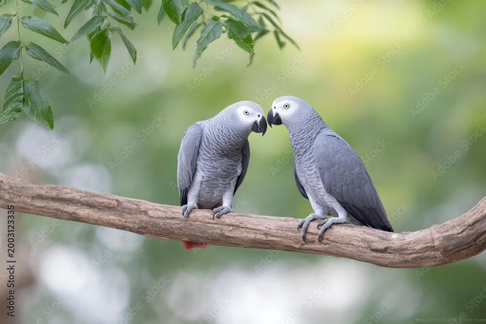 Fototapeta premium two african grey parrots standing on tree branch