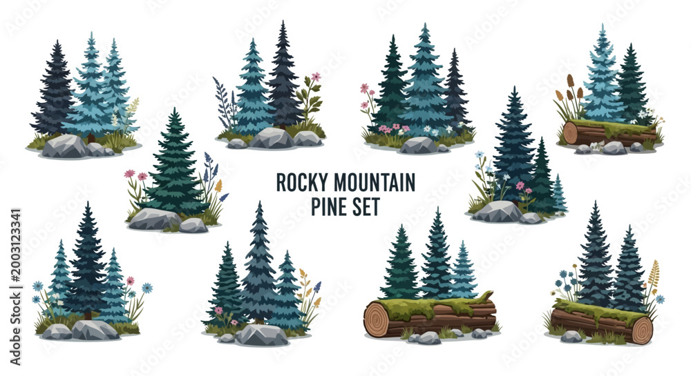 Fototapeta premium Set of ten digital illustrations featuring pine tree clusters mossy logs rocks and wildflowers on a white background