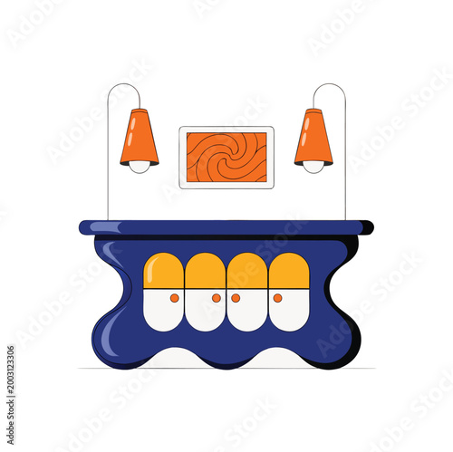 modern reception desk with safety cones and caution sign illustration