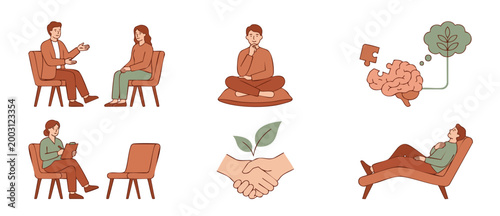 Mental health therapy session icons, professional counseling psychotherapy scenes and wellness concepts in minimalist flat vector style for psychology, mindfulness, personal growth and emotional well-
