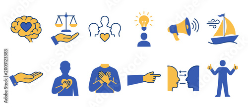 Human Values and Emotional Intelligence Icons Set representing empathy, ethics, communication, creative thinking, leadership, support, honesty, mental health, psychology, and personal development symb