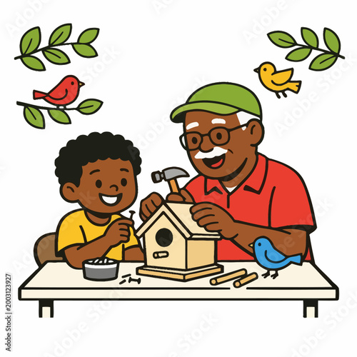Man and young boy building wooden birdhouse together with tools