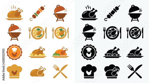 Collection of barbecue and roasted chicken icons, presented in both color and silhouette styles, depicting various food items and cooking equipment.