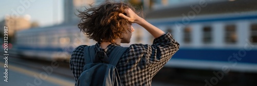 Young traveler touching hair at busy train platform