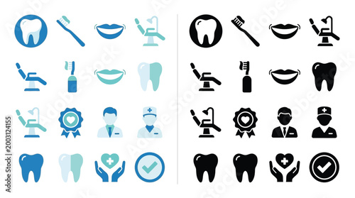 Collection of dental care icons, including teeth, toothbrushes, dental chairs, dentists, and medical symbols, presented in both blue and black color schemes.