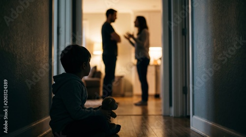 Sad boy sits with a teddy bear while parents argue in silhouette at home. Conception family conflict, divorce, childhood trauma, counseling, social care, psychology, awareness campaigns. Generative AI