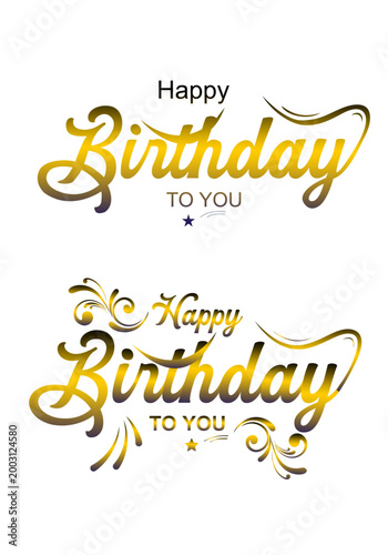 Elegant gold and black Happy Birthday typography set with decorative flourishes, stars and luxury script lettering on white background