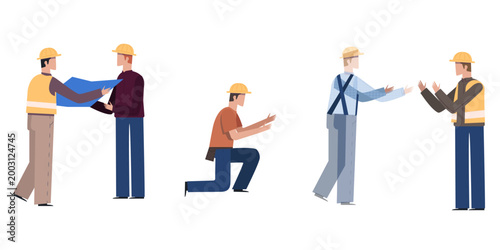 Construction workers in hard hats showing teamwork gestures, handshake, kneeling greeting and clapping characters isolated on white