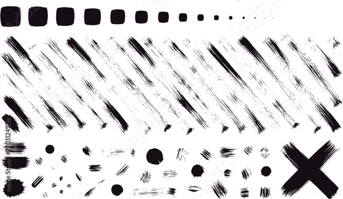 Vector illustration of black brush stroke samples with textures and shapes in decorative design