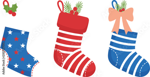 Vector illustration of Christmas stockings with holly berries and festive decorations in decorative holiday design