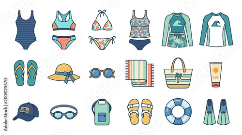 A diverse collection of colorful beach and swim essentials is neatly arranged.