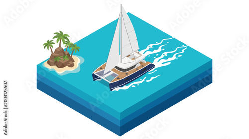 Foto This serene illustration captures a sailing boat gliding across calm waters near a tropical island, evoking feelings of relaxation, adventure, and escape to paradise