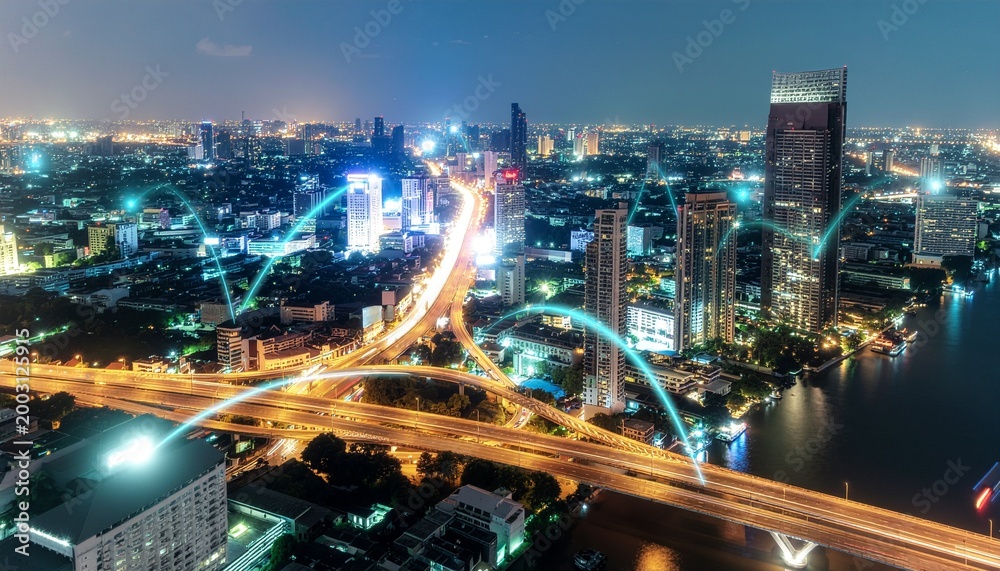 Obraz premium Aerial View of Futuristic Smart City with Digital Network Connections