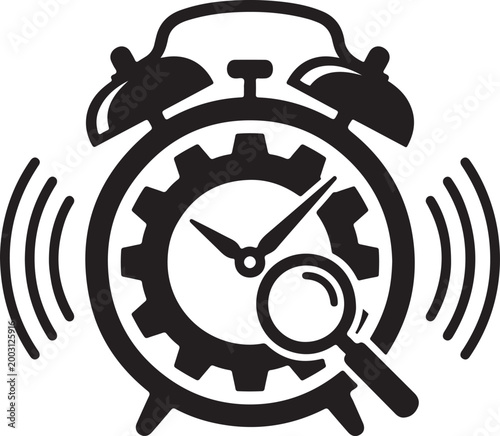Alarm clock with internal gears and magnifying glass, symbolizing time management, precision, and review.