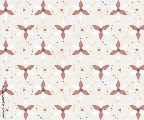 A sophisticated geometric floral pattern featuring stylized petals and delicate line work in muted rustic tones on a soft beige background. This elegant vector design is perfect for high-end stationer