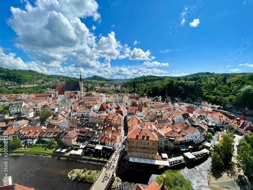 Εκτύπωση καμβά Aerial panoramic view of the historic town of Cesky Krumlov with red roofs and r