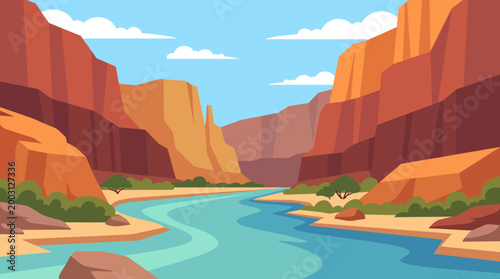 Photos This vibrant illustration showcases a breathtaking canyon landscape featuring towering cliffs and a flowing river, evoking a sense of adventure and nature's beauty