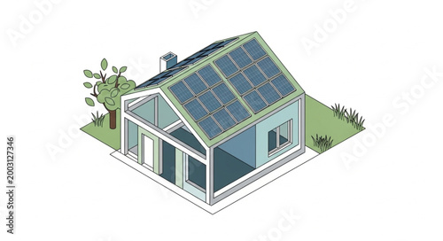 Modern house with solar panels on the roof and a greenhouse.