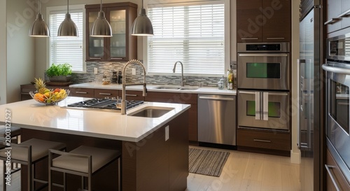 A modern kitchen with stainless steel appliances, wooden cabinets, and a large island with a sink and a fruit bowl on it.
