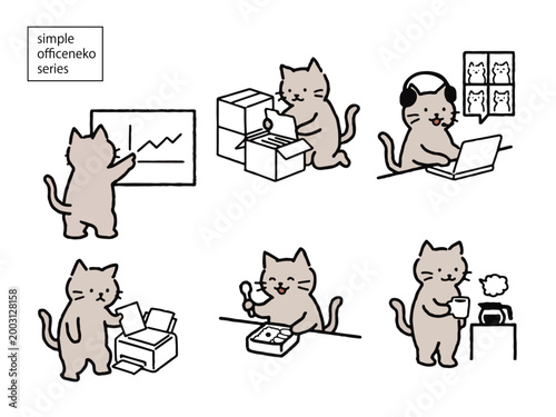 猫のイラスト素材セット②　ビジネスシーンで働く猫のキャラクターセット（事務・会議・休憩など）