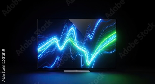 A vibrant display of blue and green light waves on a dark background, creating a dynamic and energetic visual.