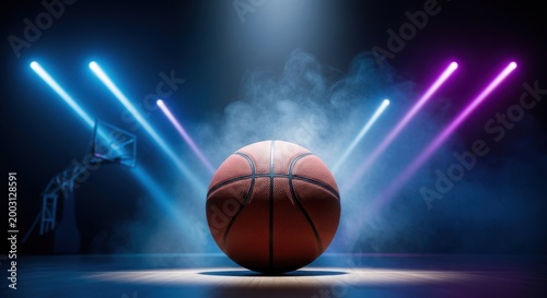 Basketball on a court with dramatic blue and purple spotlights