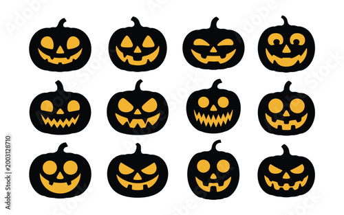 Creative collection of twelve stylized jack o' lantern silhouettes with glowing illuminated eyes and carved grinning faces in flat vector design for halloween decorations