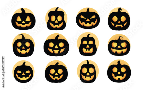 Creative halloween pumpkin silhouette collection featuring twelve distinct carved jack o' lantern faces with glowing eyes and expressive grins against a bright golden background