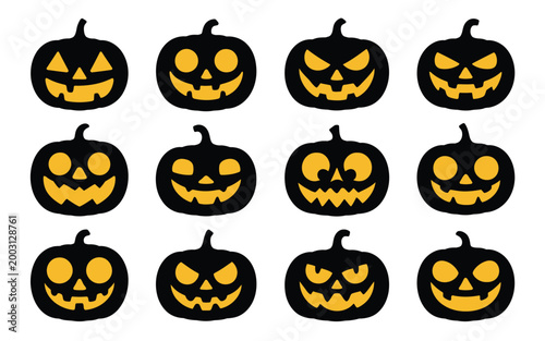 A vibrant collection of twelve halloween jack o' lantern silhouettes with expressive carved faces showcasing eerie grins glowing eyes and intricate details against a stark white